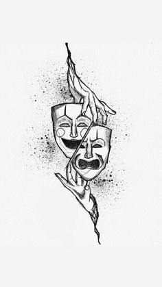 a black and white drawing of a mask with a knife in it's mouth