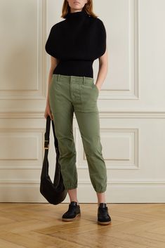 The elongated cargo pockets and zippered cuffs on Nili Lotan's pants give them a cool, utilitarian feel. They're cut from soft cotton-blend twill in a versatile army-green shade and have a comfortable high-rise waist. Wear yours as part of an all-neutral outfit. Belted Pants Outfit, Pants For Woman, Spring Inspo, Military Pants, Belted Pants, Nili Lotan, Leaf Green, Green Outfit, Neutral Outfit