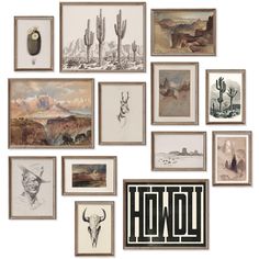 an assortment of framed and unframeed art pieces