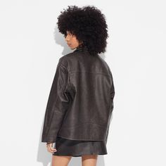 Oversized bomber jacket from Wild Fable™ in dark brown. Made with heavyweight faux leather and soft lining for comfortable wear. Tailored in a long-length silhouette. Designed with a collared neckline, full-length zippered front, long sleeves and waist pockets. If you’re not satisfied with any Target Owned Brand item, return it within one year with a receipt for an exchange or a refund. Wild Fable™: A look for every story. Racing Jacket, Woman Weaving, Faux Leather Fabric, Cute Everyday Outfits, Shrug Sweater, Wild Fable, Casual Fits, Long Length, Everyday Outfits