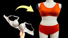 a female mannequin wearing an orange and white bra