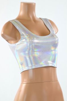 This item is made to order, please read all the way through the listing before purchasing! This shiny, liquidy holographic top has a smooth reflective finish that bends the light in beautiful shifting rainbows. It features a scoop neckline in front and in back. Four way stretch Utopian Fashion, Holographic Top, Holographic Fashion, Casual Bra, Crop Top Styles, Style Crop Top, Tops Casual, Olive Branch, Spring Shirts