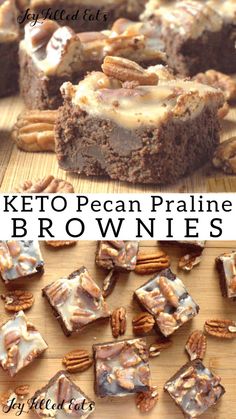 keto pecan pralie brownies with pecans on top