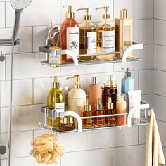 a bathroom shelf filled with different types of soaps and lotions