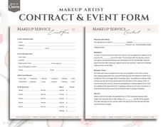 the makeup artist contract and event form is shown with cosmetics items in front of it