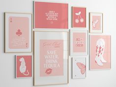 pink and white wall art with quotes on it