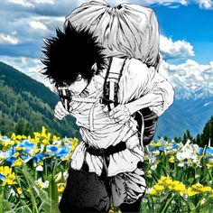 a man carrying a backpack in the middle of a field of wildflowers with mountains in the background