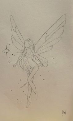 a pencil drawing of a fairy sitting on top of a sheet of paper with stars in the background