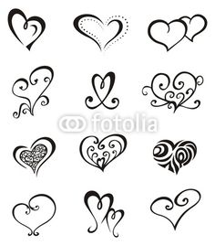 a set of nine hearts with swirls and curls on them, all drawn in black ink