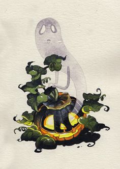 a watercolor painting of a ghost sitting on top of a pumpkin with leaves around it