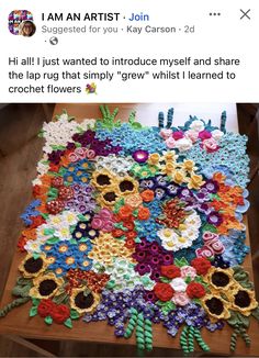 a table with crochet flowers on it and the words i am artist join