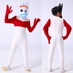 two images of a person in a costume with an odd face and arms, one wearing a red and white bodysuit