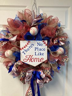 a wreath that says there's no place like home with baseballs on it