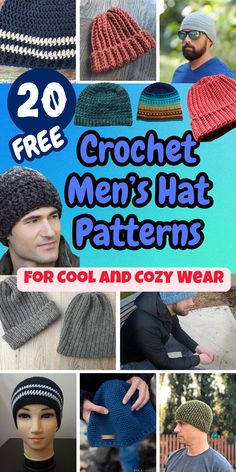 20 free crochet men's hat patterns for cold and cozy wear, including hats