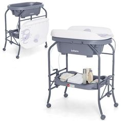 two gray and white baby changing tables next to each other on casteors with wheels