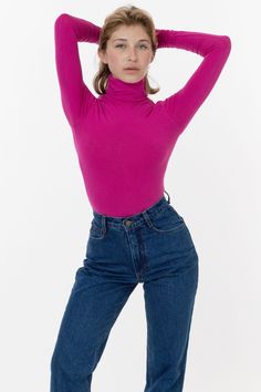 Lace Knitwear, Denim Short Jumpsuit, Los Angeles Apparel, Turtleneck Style, Red Violet, South Central, Fitted Turtleneck, Leather Denim, Favorite Sweater