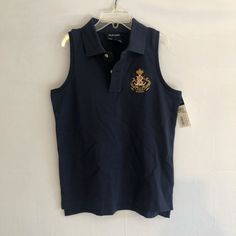 Dark Blue Sleeveless Collared Shirt With Large Polo Logo, Kids Large 12-14 Casual Blue Tank Vest, Casual Blue Sleeveless Vest, Navy Casual Cotton Tank Top, Casual Navy Cotton Tank Top, Navy Sleeveless Cotton Vest, Blue Sleeveless Vest Top, Navy Sleeveless Cotton Tops, Navy Fitted Sleeveless Top, Blue Cotton Sleeveless Tank Top