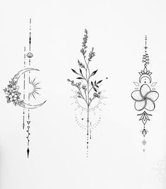 three flower designs are shown on the side of a white wall, and one is drawn in black ink