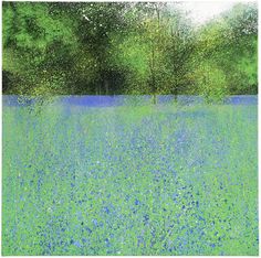 an abstract painting of blue flowers and trees in the background, with green grass on the ground