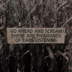 a sign that is on the side of a corn field in black and white, says go ahead and scream there are thousands of ears listening