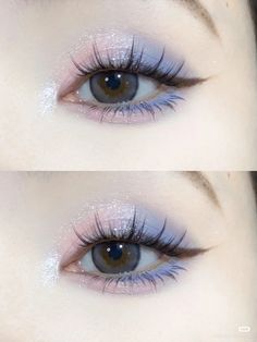 Purple Asian Makeup, Blue Doyun Makeup, Blue Purple Makeup Looks, Periwinkle Makeup Looks, Purple Douyin Makeup, Doyun Makeup Look, Purple And Blue Makeup, Blue And Purple Makeup, Eye Makeup For Small Eyes