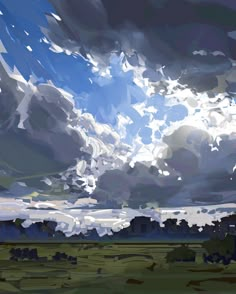 an abstract painting of clouds in the sky over a green field with grass and trees