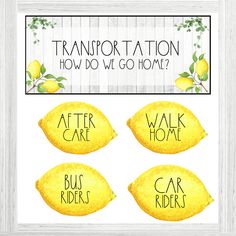 watercolor lemons with the words transportation how do we go home? and after care bus riders