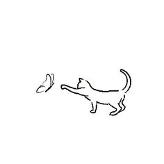 a black and white drawing of a cat chasing a butterfly