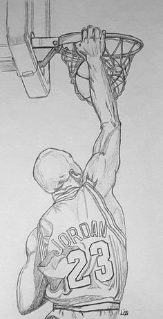 a drawing of a basketball player dunking the ball into the hoop with his hands