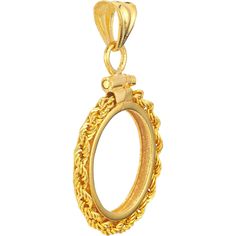 Indulge in the realm of grandeur with the American Eagle 1/10 Oz Rope Screw Top Bezel by Olas d'Oro. This exquisite bezel is more than just a holder for your prized 1/10 Oz American Eagle coin; it's a statement piece that exudes elegance and craftsmanship. Made in 14K gold, this bezel adds a touch of luxury to your collection. Please note that the coin is not included.Crafted with attention to detail, this bezel features a rope screw top design that securely holds your coin in place. The warm, i Elegant Yellow Gold Jewelry With Rotating Bezel, Yellow Gold Coin Pendant Medallion Jewelry, Elegant Gold Jewelry With Rotating Bezel, Symbolic Yellow Gold Medallion Jewelry, 14k Gold-tone Jewelry With Coin Pendant, 14k Gold Coin-shaped Rings, 14k Gold-filled Yellow Gold Coin Pendant Jewelry, Eagle Coin, Coin Design