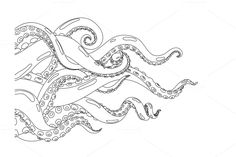 an octopus is swimming in the ocean coloring page for adults and children, with black ink on white paper