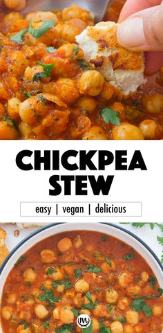 chickpea stew in a white bowl with the title above it, and an image of