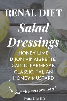 a glass bowl filled with honey lime dressing next to sliced lemons and rosemary on a wooden table