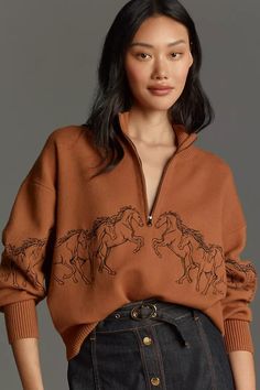 The Montana Mock-Neck Half-Zip Sweater by Maeve | Anthropologie Horse Western, Mock Neck Sweatshirt, Warrior Queen, Green Fits, Turtle Neck Sweater, Half Zip Sweaters, Zip Sweater, Spring Dresses, Half Zip