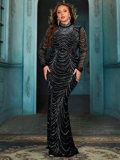 Elegant Plus Size Dress With Rhinestones, Cinched Waist And Mermaid Hem For Formal Evening Party Black Long Sleeve Prom Wedding Guest Gown, For Graduation, Dinner Black Glamorous,Party  Long Sleeve Woven Fabric Colorblock,Plain,All Over Print,Textured Pattern Bodycon Medium Stretch  Weddings & Events, size features are:Bust: ,Length: ,Sleeve Length: Old Hollywood Plus Size Dress, Embellished Fishtail Dress For Banquet, Embellished Long Sleeve Mermaid Dress For Prom, Party Gown With Rhinestones And Mermaid Hem, Mermaid Hem Gown With Rhinestones For Party, Party Mermaid Dress With Rhinestones, Fitted Long Sleeve Embellished Mermaid Dress, Long Sleeve Embellished Fitted Mermaid Dress, Embellished Fitted Long Sleeve Mermaid Dress