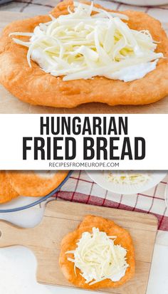 the homemade hungarian fried bread is ready to be baked and served on a cutting board