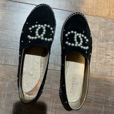 Discontinued Collection. In Good Condition. Comes With Dust Bag. Easy To Clean Shoe. Size 41. Elegant Slip-on Espadrilles With Rubber Sole, Luxury Black Espadrilles With Leather Sole, Designer Black Closed Toe Espadrilles, Luxury Black Round Toe Espadrilles, Luxury Black Espadrilles For Spring, Luxury Black Closed Toe Espadrilles, Elegant Black Slip-on Espadrilles, Luxury Black Flat Heel Espadrilles, Black Luxury Flat Espadrilles