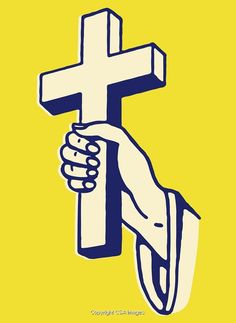 a hand holding a cross over a yellow background