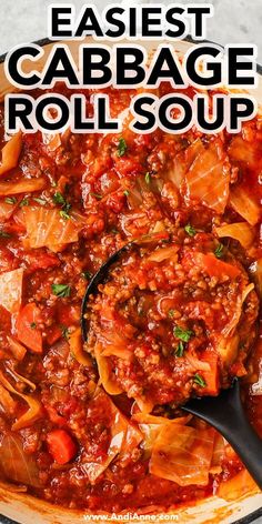 an easy cabbage roll soup in a skillet with the title overlay above it