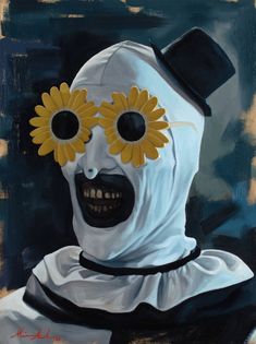 a painting of a man with sunflowers in his eyes and a white mask