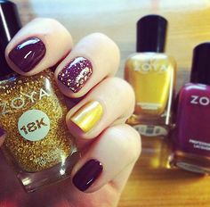 Fall nail trend faves - mixing trendy colors and doubling up the accent nail! Zoya Nail Polish in Toni with an accent in Zoya Goldie and Zoya Gilty - the 18k real gold topcoat! http://www.artofbeauty.com/content/38/category/Oxblood_Red_nail_polish.html?O=PN120927TH13214 Two Color Nails, Gold Accent Nail, Pretty Nail Colors, Fall Nail Trends, Nail Trend, Accent Nail