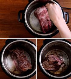 three pictures show how to cook beef in an instant pot