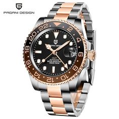 Color: Rose gold, Ships From: Belgium Latest Watches, Waterproof Watch, The Watch, Rolex Gmt, Mens Luxury, Dive Watches, Black Case, Stainless Steel Band, 100m