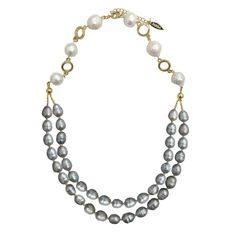 This double strand necklace is made of freshwater pearls in white and grey colour with golden plated brass findings.  This necklace can be worn with suit for work or bare shoulder dress for dinner. Be different with plastic beads that made by machines, gemstone beads may have slightly different between each other in colours or shapes. Bare Shoulder Dress, Dress For Dinner, September Birthstone Jewelry, Double Strand Necklace, August Birthstone Jewelry, July Birthstone Jewelry, Baroque Pearl Earrings, Designer Fashion Jewelry, Pearl Jewellery Earrings