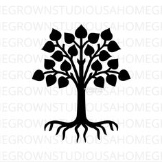 a black and white tree with leaves on it's branches, surrounded by the words grown