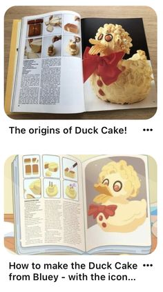 an open book with instructions to make a duck cake