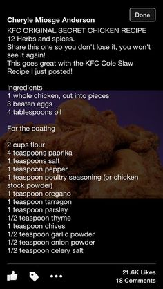 the recipe for chicken is shown in this screenshote screen shot, which shows how to