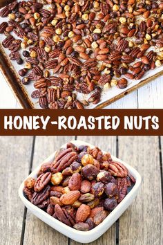 Two photos of honey-roasted nuts, on a baking sheet and in a bowl. Roasting Almonds, Modified Keto, Rosemary Honey, Nut Recipes, Mix Recipes, Roasted Nuts, Honey Nut, Oreo Dessert, Honey Roasted