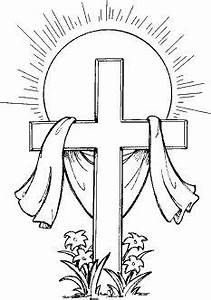 a cross with the sun in the background and flowers around it, coloring page for kids