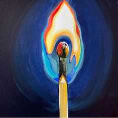 a painting of a matchstick with a lit match on it's tip in front of a blue background